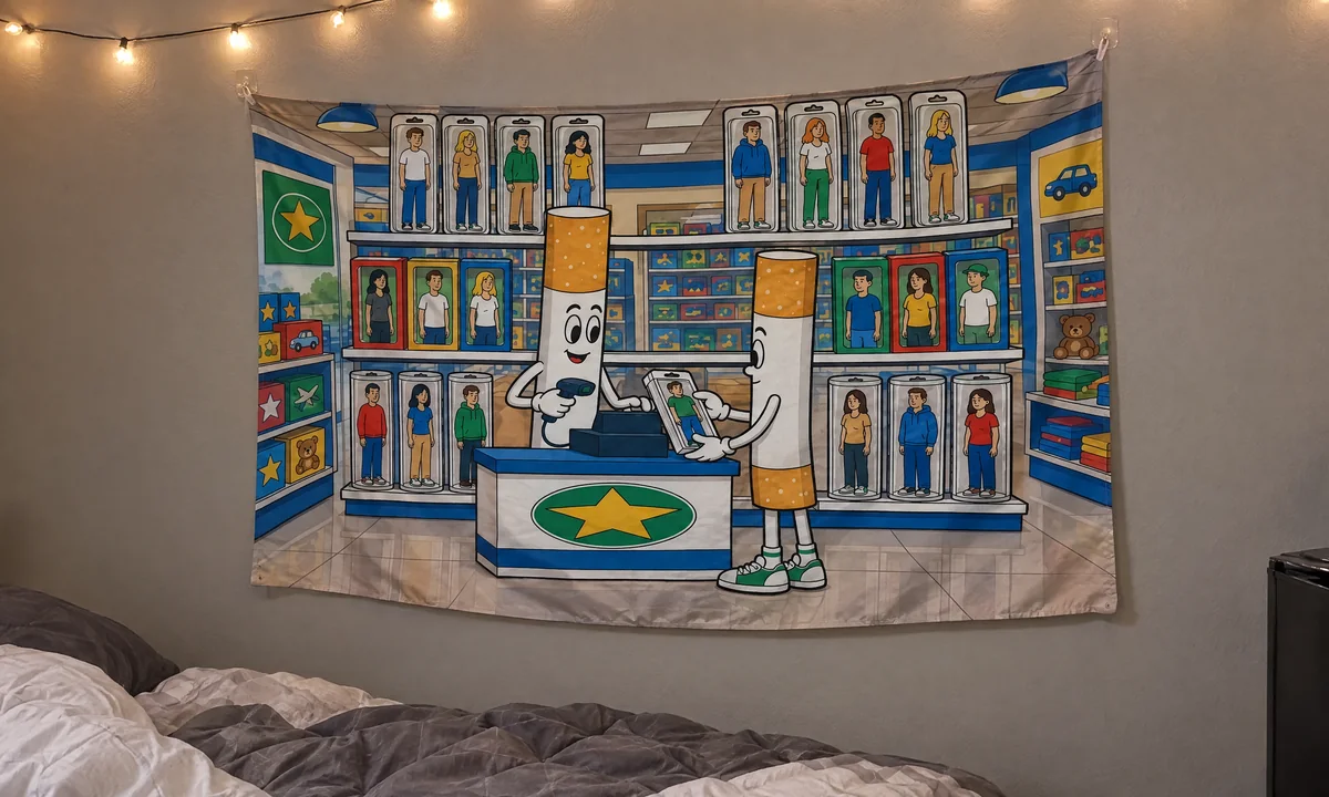 A cigarette toy store flag hanging on a dorm room wall